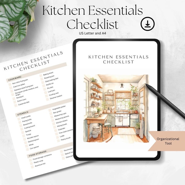 Kitchen Essentials Checklist, Appliance and Utensil Inventory List, New Home Kitchen Necessities, Housewarming, Airbnb, US Letter and A