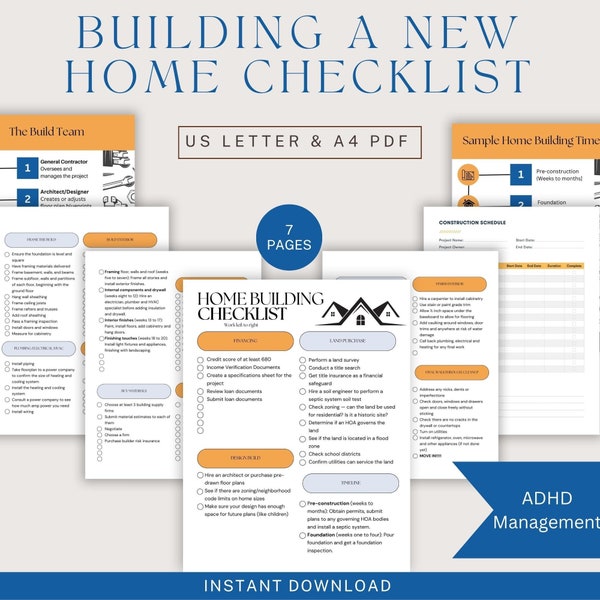 Printable New Home Construction checklist, Home Construction Planner checklist, Custom Home, Homeowner Edition, Home Projects, PDF,