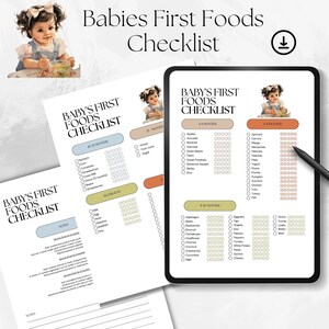 Baby&#39;s First Solid Food Checklist Printable | Common Allergies, baby food log, baby led weaning, baby food tracker, starting solids, PDF
