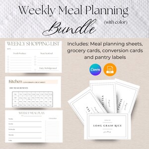 May include: Printable weekly meal planning bundle with color. Includes shopping list, conversion cheat sheet, meal planner, grocery cards, and pantry labels.