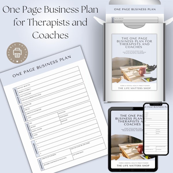One Page Business Plan For Coaching/Therapy Practices, Business Plan Proposal, Business Idea Worksheet, Business Plan, US and UK letter size