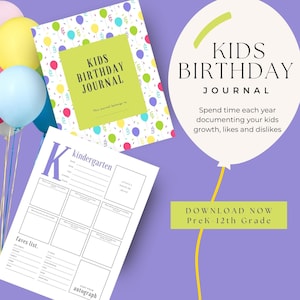 Kids Birthday Memory Keepsake Journal - Childhood - Grades preK-12 -  Celebration - Birthday Scrapbook Interview - Yearly Diary - Balloons