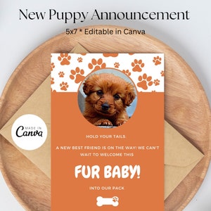 Neue Welpen Ankündigung Vorlage, bearbeitbar, Willkommen zu Hause Welpen Zeichen, neues Familienmitglied Ankündigung, Canva, Hund, Social Media Ankündigung