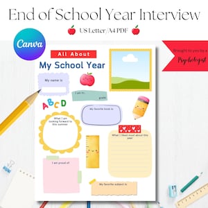 Editable Kindergarten Interview, Summer, Questions, Teacher, Last Day, Year in Review Student Sheet Keepsake, About Me Journal, Printable