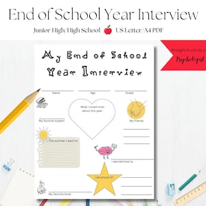 My End of School Kids Interview, Summer, Questions, Teacher, Last Day, Year in Review Student Sheet Keepsake, About Me Journal, Printable