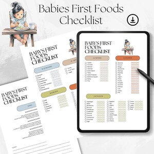 Afdrukbare checklist voor baby's eerste voedsel | Veelvoorkomende allergieën, logboek voor babyvoeding, spenen onder leiding van baby, tracker voor babyvoeding, startvaste stoffen, pdf
