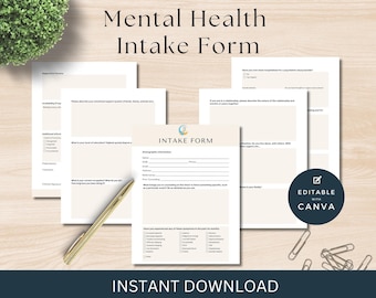 Bewerkbaar sjabloon intakegesprek geestelijke gezondheid, formulieren therapeutenpraktijk (Canva)