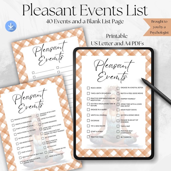 Self Care Worksheet, Pleasant Events CheckList, Positive Activity Planner, Mindfulness, Challenge, Self-Worth, Healing Activities, Printable