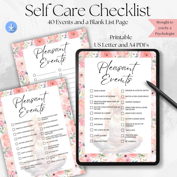 Self Care Checklist worksheet, Pleasant Events, Positive Activity Planner, Mindfulness, Challenge, Self-Worth, Healing Activities, Printable