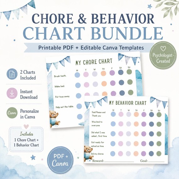 Preschool Behavior Chart, Kids Daily Routine, Chore Chart (PDF & Canva)