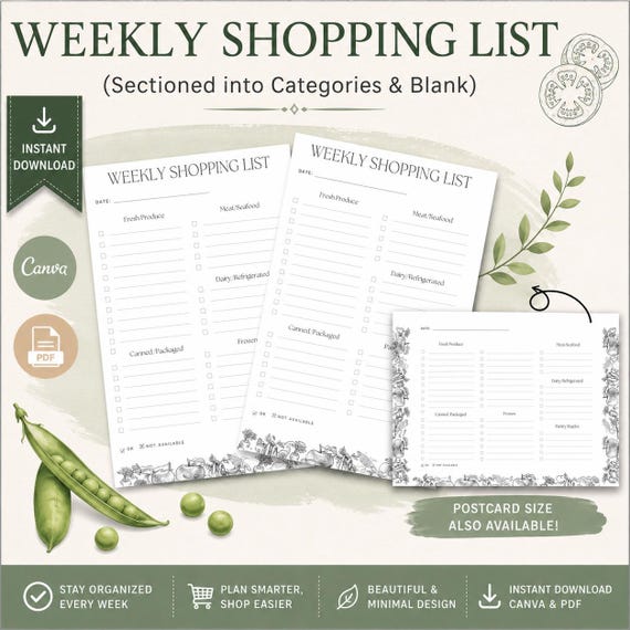 Grocery List Printable Template, Weekly Shopping Planner (PDF & Canva)