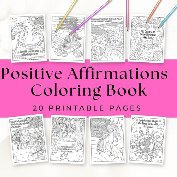 Positive Affirmations Coloring Book, 20 Printable Pages (Digital Download)