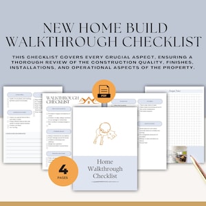 May include: A checklist for a new home build walkthrough. The checklist covers construction quality, finishes, installations, and operational aspects of the property. The checklist is four pages long and includes a PDF icon. The checklist is illustrated with a house and keys.