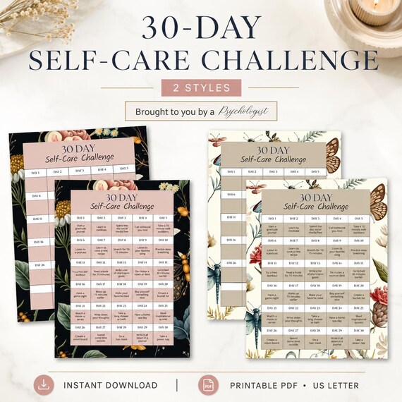 Self-Care 30-Day Challenge Tracker, Wellness Printable (PDF)