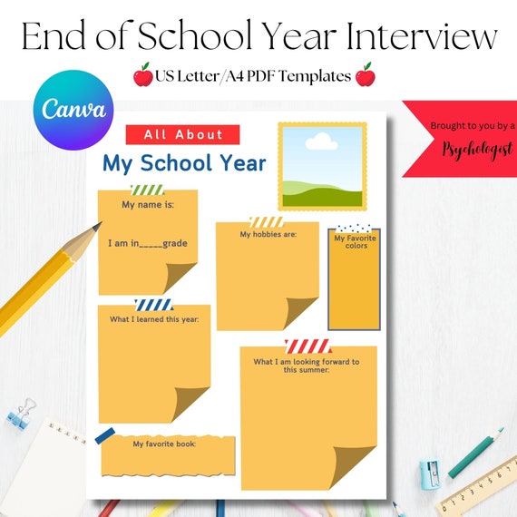 End of Year School Interview, Printable Keepsake (US Letter/A4 PDF)