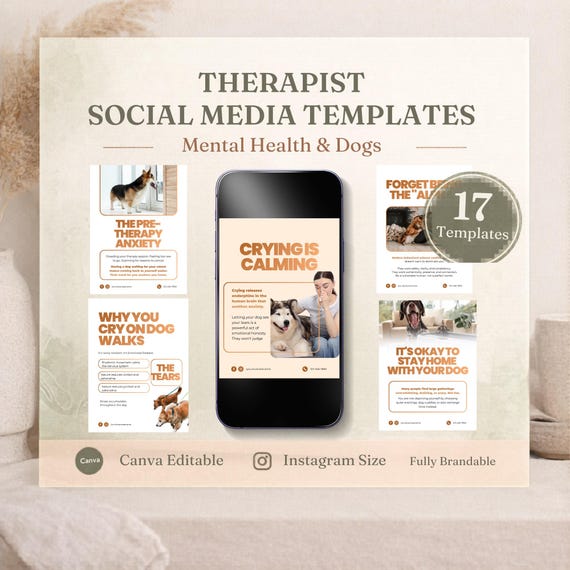 Instagram Templates Therapist, Editable Canva Kit for Mental Health, Social Media Posts for Wellness Coaches and Therapy Dogs