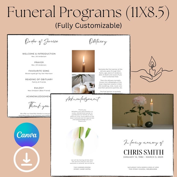 Modern Funeral Program Template, Black and White Memorial (11x8.5) (Digital Download)