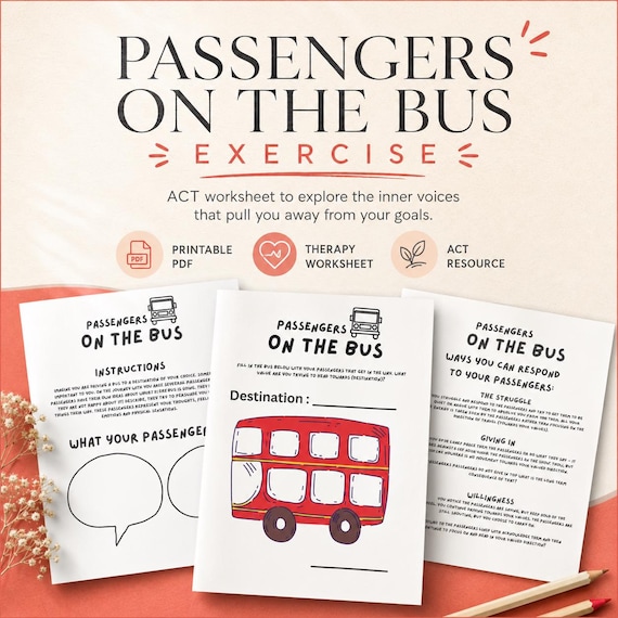 ACT Passengers on the Bus Worksheet, Self-Discovery Therapy (PDF & Canva)
