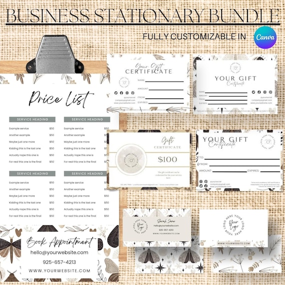 Moth Business Branding Kit, Business Card, Gift Voucher, Pricelist (Editable Canva)