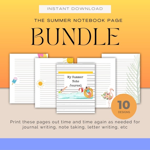 Summer Lined Journal Pages - 10 Printable Designs (PDF)