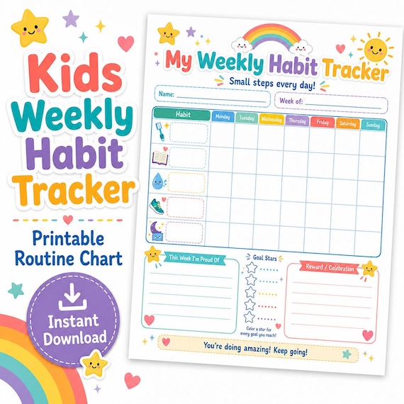 Weekly Habit Tracker Kids, Printable Planner For Kids, Goal Tracker Kids, Chore Chart For Responsibility