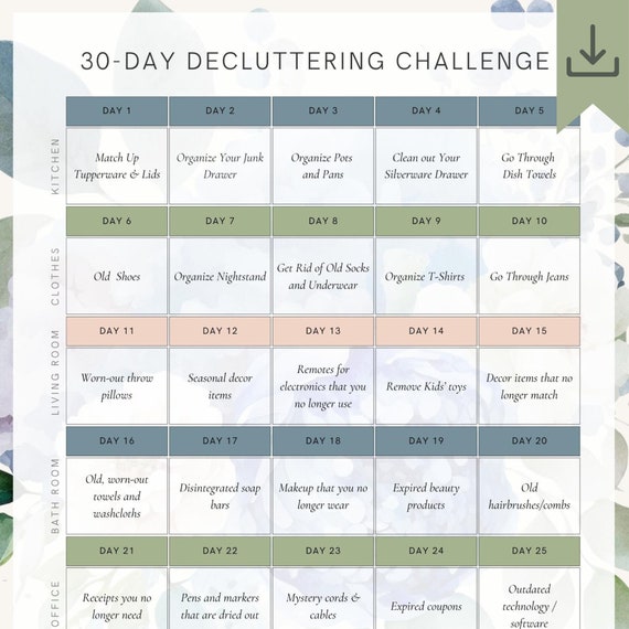 30 Day Declutter Challenge Printable, Home Cleaning Schedule (PDF)