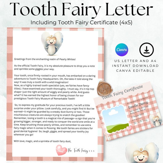 Editable Tooth Fairy Letter and Certificate, Canva Template (PDF)