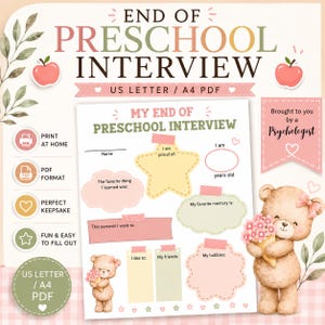 Könnte beinhalten: Ein druckbares Vorschul-Interview-Blatt mit dem Text "Ende des Vorschul-Interviews". Das Design umfasst einen Teddybären mit Blumen, Apfel-Illustrationen und Ausfüllbereiche für den Namen, die Favoriten und die Erinnerungen des Kindes. Das Format ist US Letter und A4 PDF.