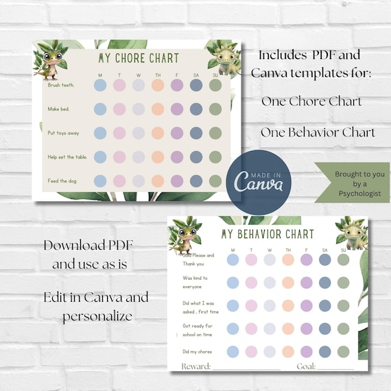 Dinosaur Behavior Chart, Kids Daily Routine, Visual Aid (PDF, Canva)
