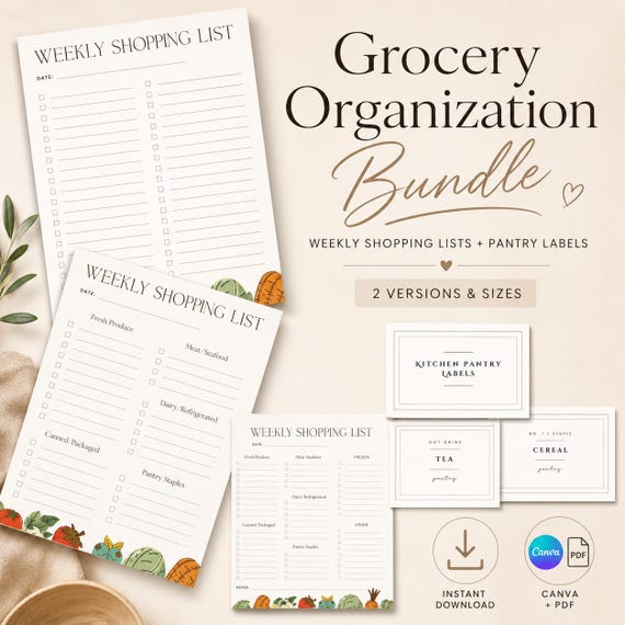 Printable Grocery List Template, Food Pantry Labels (PDF & Canva)