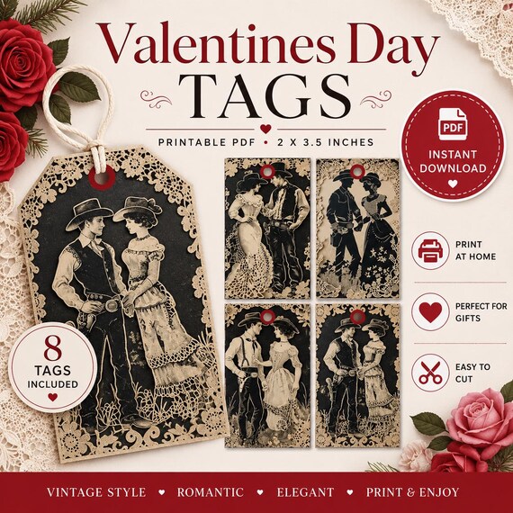 Vintage Cowboy Valentine Gift Tags | Printable Party Favors (PDF)