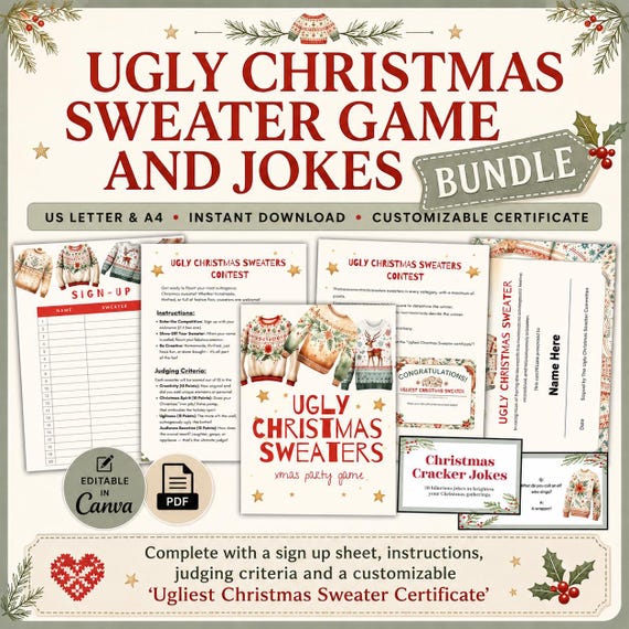 Ugly Christmas Sweater Party Game | Cracker Filler | Ugly Sweater Photo Booth Prop | Christmas Printable Games Jokes | Office Christmas Game