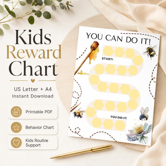 Bee Reward Chart, Kids Chore Tracker, Potty Training (Instant Download)