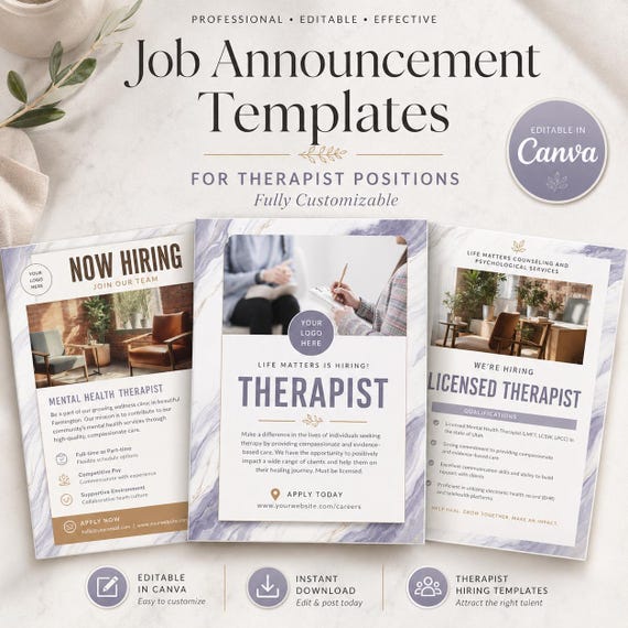 Therapist Job Description Templates, Customizable Hiring Flyer (Canva)