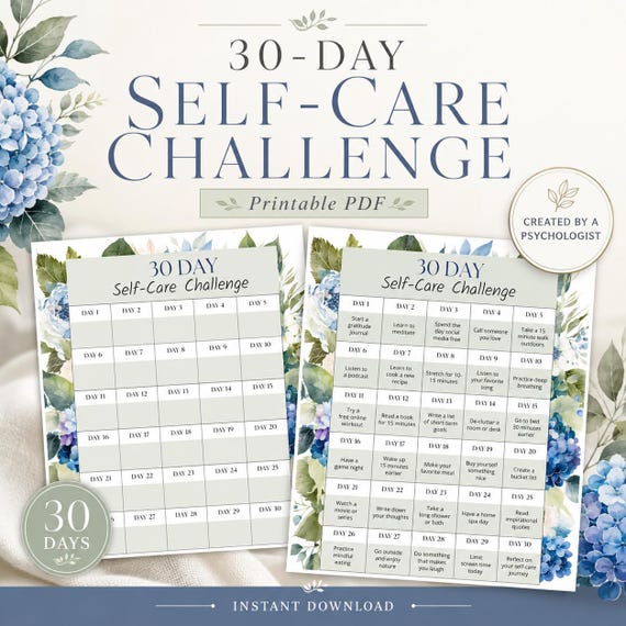 Self-Care 30-Day Challenge Tracker, Wellness Printable (PDF)