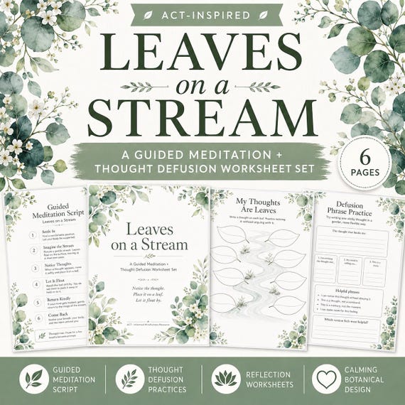 Acceptance and Commitment Therapy ACT Worksheets, Mindfulness Tools, Values Worksheets, Leaves on a Stream
