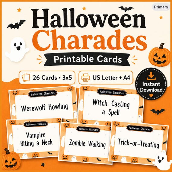 Printable Halloween Charades, 26 Cards (PDF Download)