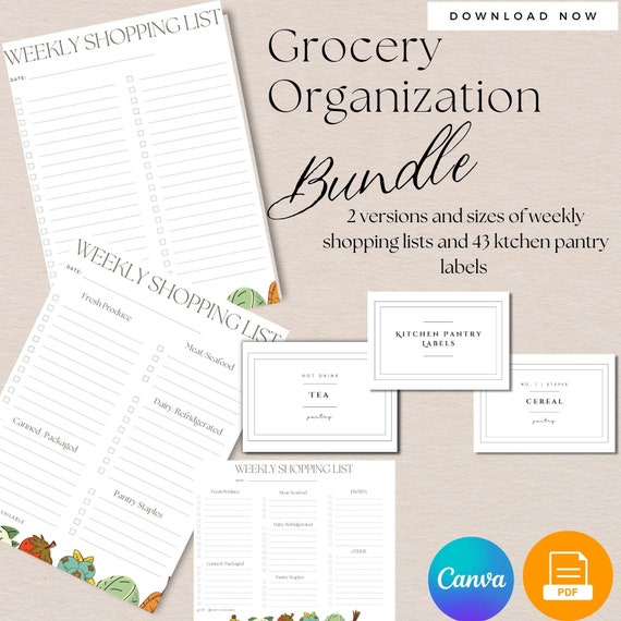 Printable Grocery List Template, Food Pantry Labels (PDF & Canva)