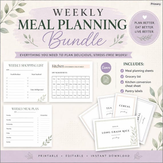 Weekly Meal Planner Bundle | Grocery List, Pantry Labels (PDF & Canva)