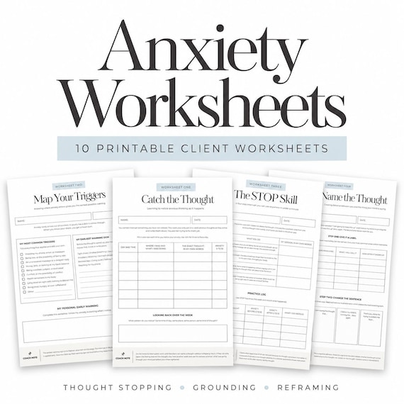 Anxiety Thought Stopping Worksheets For Therapy And Mental Wellness, Printable Planner, Digital Download Workbook