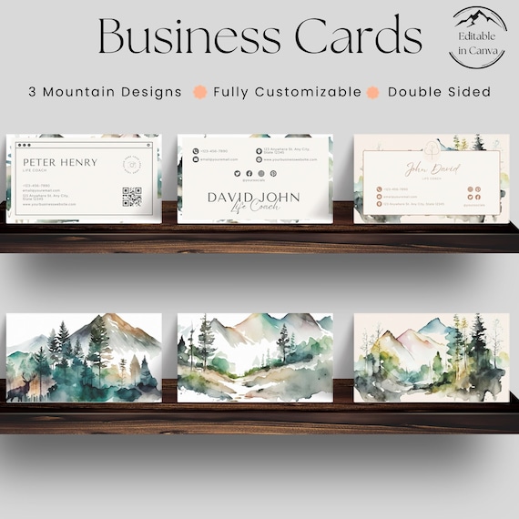 Scenic Business Card Templates, Watercolor Mountain Design (Editable Canva, Instant Download)