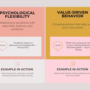 Op de afbeelding: Infographic met tekst over psychologische flexibiliteit en waardegedreven gedrag. De tekst bevat citaten en voorbeelden van hoe deze concepten toe te passen. Het kleurenschema is een combinatie van roze, goud en wit.