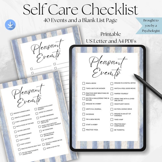 Self Care Checklist, Pleasant Events, Activity Planner (Printable PDF)