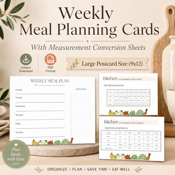 Weekly Meal Planner Printable | Grocery List & Conversion Charts (Digital Download)