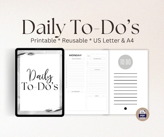 Printable Daily To-Do List, Black and White Undated Planner (PDF)