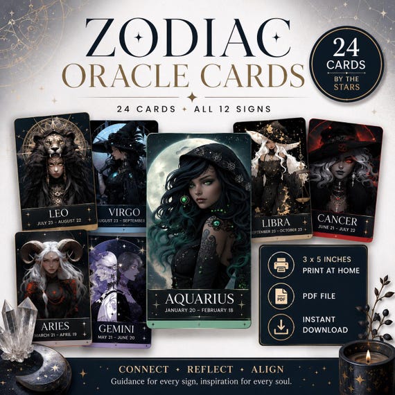 Zodiac Meaning Cards with Female Illustrations (Printable)
