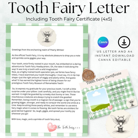 Editable Tooth Fairy Letter and Certificate, Girl, First Tooth (PDF)