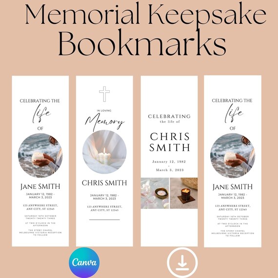 Personalized Memorial Bookmarks | Funeral Favors, Celebration of Life (4 Designs to edit)