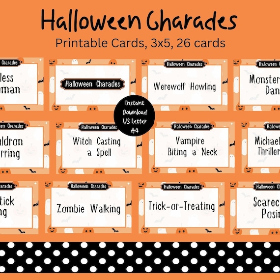 Printable Halloween Charades, 26 Cards (PDF Download)