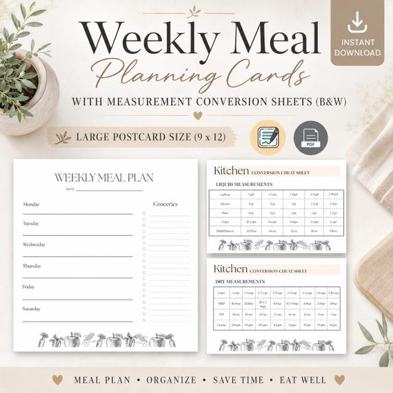 Weekly Meal Plan Sheets, Recipe Builder, Kitchen Conversions (Digital Download)